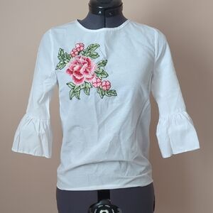Atmosphere White Blouse with Pink Floral Embroidery